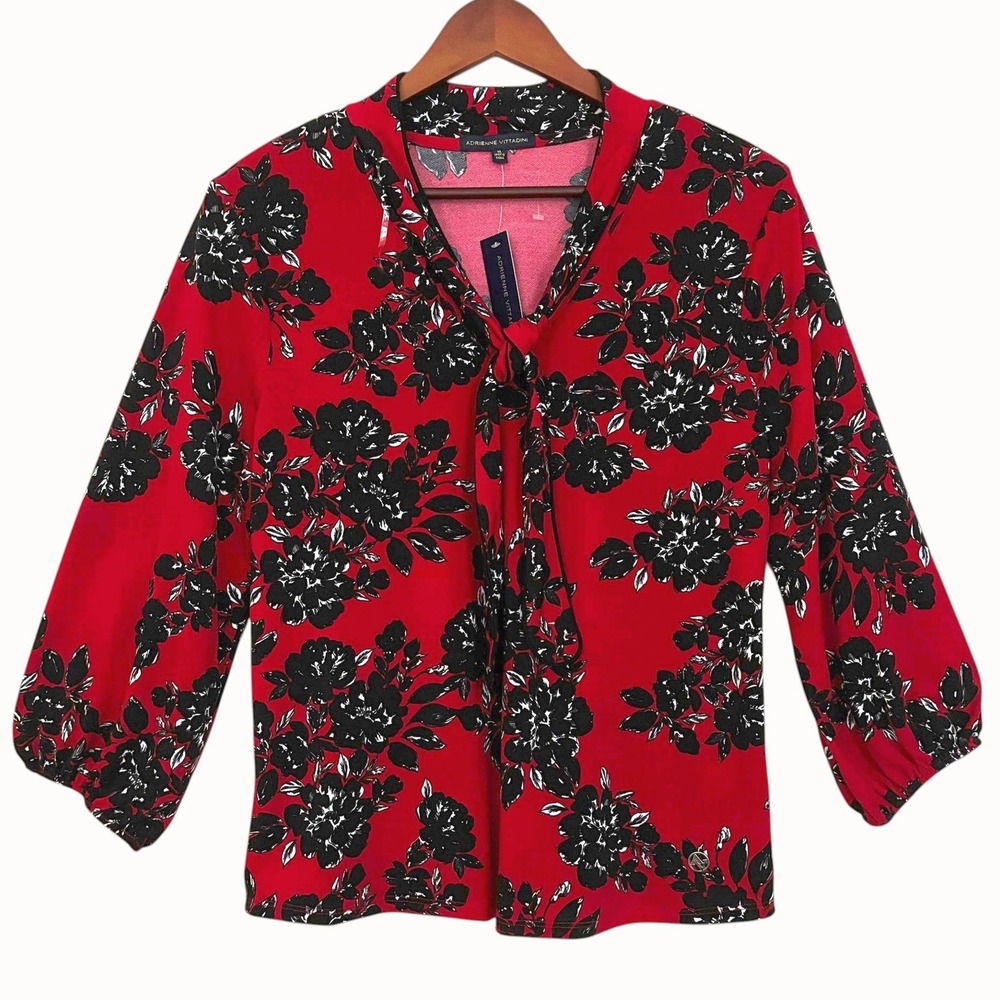 Adrienne Vittadini Floral Tie Neck Top Sz XL 3/4 Sleeve Office Chic RomanticNEW